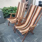 Vintage 70's 2 houten tuin strand stoelen origineel!, Huis en Inrichting, Stoelen, Ophalen, Gebruikt, Twee, Bruin