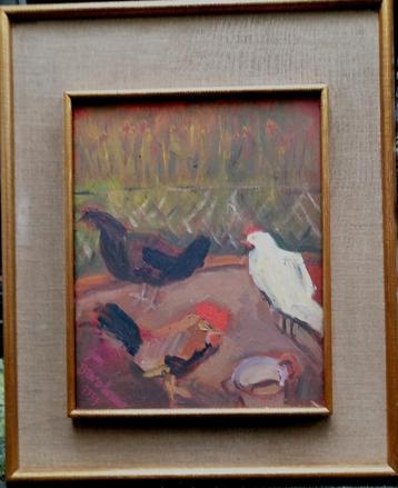 Jean Brusselmans ' Kippen " olieverf op karton  beschikbaar voor biedingen