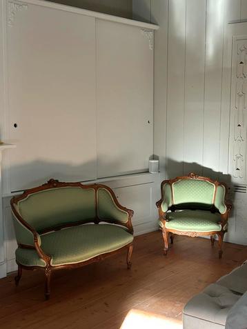 Antieke salonset – Louis XV-stijl – Bankje en Fauteuil – beschikbaar voor biedingen