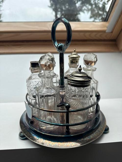 Antieke Likeurset met Zilveren Houder en Kristallen Flessen, Antiek en Kunst, Antiek | Glas en Kristal, Ophalen