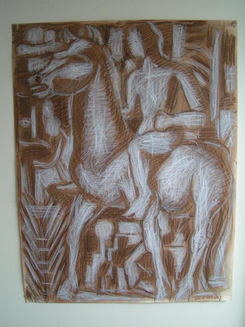 Hubert Bekman man te paard krijt tekening sculptuur ontwerp, Antiek en Kunst, Kunst | Tekeningen en Foto's, Ophalen of Verzenden