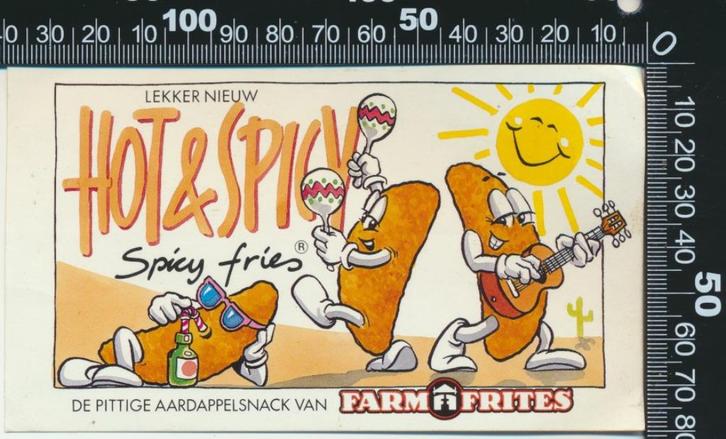 Sticker: Farm Frites - Hot and Spicy, Verzamelen, Stickers, Zo goed als nieuw, Bedrijf of Vereniging, Ophalen of Verzenden