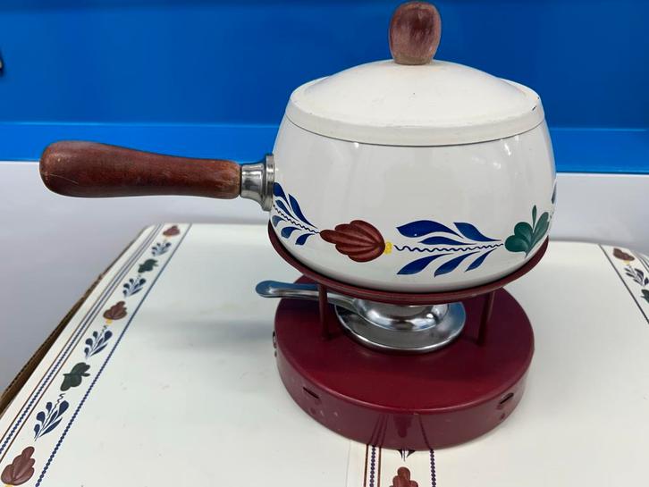 Vintage boerenbont Fonduepan met Rechaud, Antiek en Kunst, Antiek | Keukenbenodigdheden, Ophalen of Verzenden