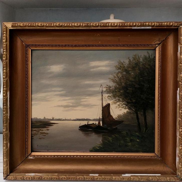Hollands Rivierlandschap met Zeilboot - Olieverfschilderij, Antiek en Kunst, Kunst | Schilderijen | Klassiek, Ophalen of Verzenden