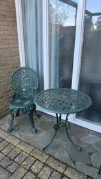 Tuinset - Tafel en Stoel - Groen Gietijzer, 2 zitplaatsen, Overige materialen, Gebruikt, Ophalen of Verzenden