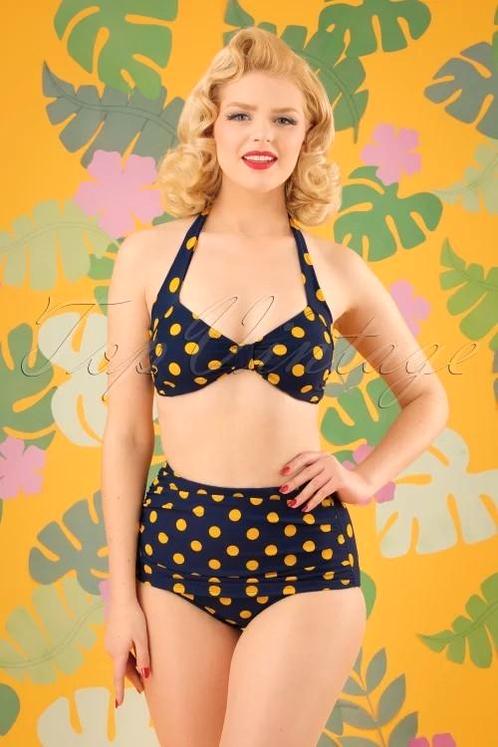 Esther Williams bikini 50s blauw gele polka dots stippen 42, Kleding | Dames, Badmode en Zwemkleding, Zo goed als nieuw, Bikini