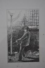 Afbeelding, prent ingelijst, mannetje bij lantaarnpaal, Gebruikt, 1980 tot heden, Ophalen of Verzenden, Prent