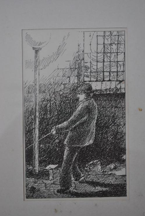 Afbeelding, prent ingelijst, mannetje bij lantaarnpaal, Verzamelen, Foto's en Prenten, Gebruikt, Prent, Overige onderwerpen, 1980 tot heden