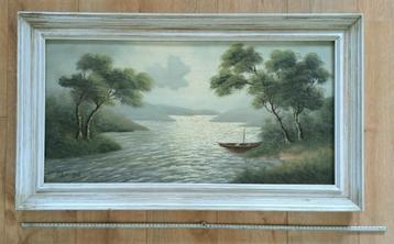 groot olieverf canvas schilderij landschap houten lijst boot beschikbaar voor biedingen