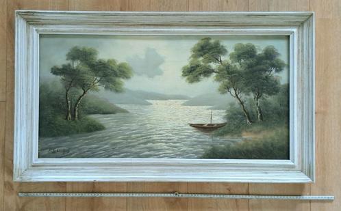 groot olieverf canvas schilderij landschap houten lijst boot, Huis en Inrichting, Woonaccessoires | Schilderijen, Tekeningen en Foto's