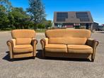 Zeer nette set bank+fauteuil bruin/beige, Ophalen, Zo goed als nieuw, 75 tot 100 cm, Rechte bank
