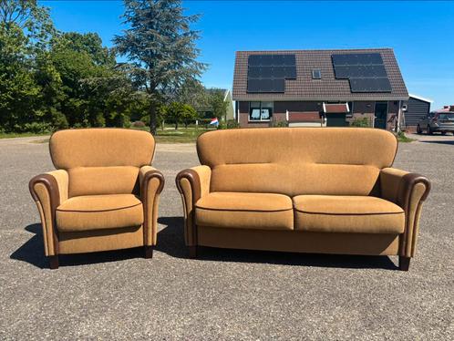Zeer nette set bank+fauteuil bruin/beige, Huis en Inrichting, Banken | Bankstellen, Zo goed als nieuw, Rechte bank, 75 tot 100 cm