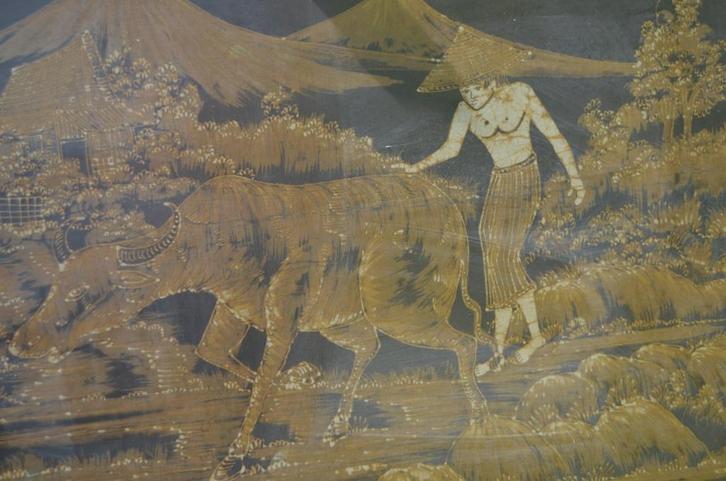 Grote Indonesische batik 'Boer met Buffel', Antiek en Kunst, Kunst | Niet-Westerse kunst, Ophalen of Verzenden