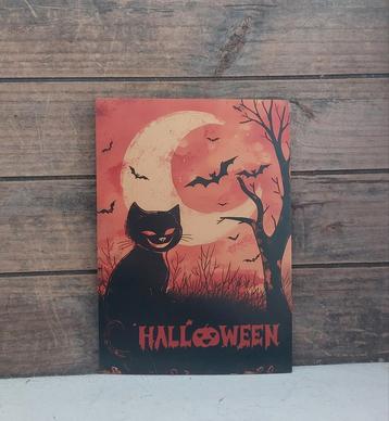 Kaart zwarte kat grote halve maan vleermuizen Halloween  beschikbaar voor biedingen