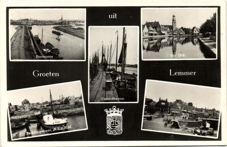 Groeten uit Lemmer - 5 afb + wapen - 1954 gelopen, Verzamelen, Ansichtkaarten | Nederland, Gelopen, Friesland, Voor 1920, Ophalen of Verzenden