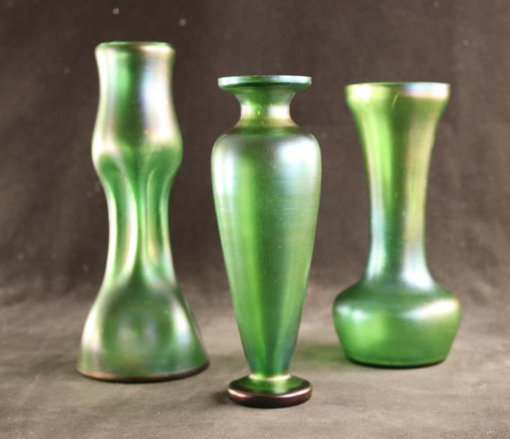 Drie antieke iriserende Jugendstil vazen, Antiek en Kunst, Antiek | Glas en Kristal, Ophalen of Verzenden
