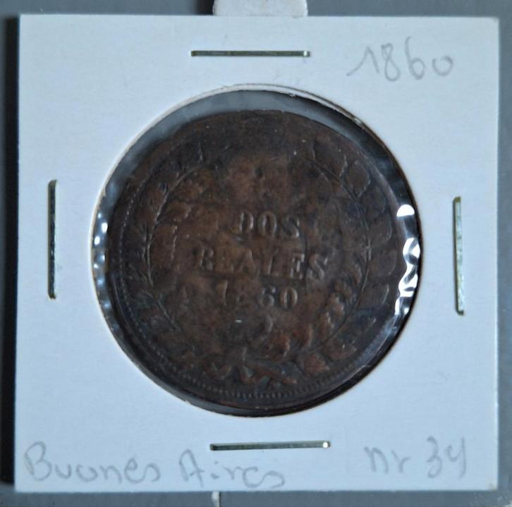 2 Real 1860 Buenos Aires, Postzegels en Munten, Munten | Amerika, Losse munt, Zuid-Amerika, Ophalen of Verzenden