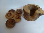 vintage houten Rustieke onderzetter set in tak houder, Ophalen