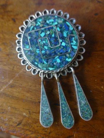 Zilveren Hanger/Broche mozaïek Lapis Lazuli +Turkoois gesign beschikbaar voor biedingen