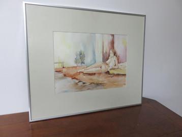 Aquarel van een naakte vrouw in een liggende houding beschikbaar voor biedingen