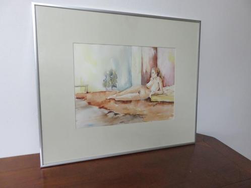 Aquarel van een naakte vrouw in een liggende houding, Antiek en Kunst, Kunst | Schilderijen | Klassiek, Ophalen of Verzenden