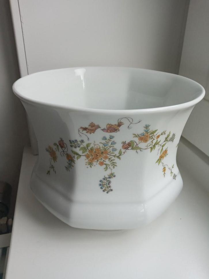 17hg.x22diam. wit porcelein retro bloempot bloemtak vogels, Antiek en Kunst, Antiek | Porselein, Ophalen of Verzenden