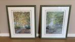 Twee schilderijen Natuur (Herfst + Lente) in passende lijst, Schilderij, Ophalen of Verzenden, Zo goed als nieuw, 50 tot 75 cm