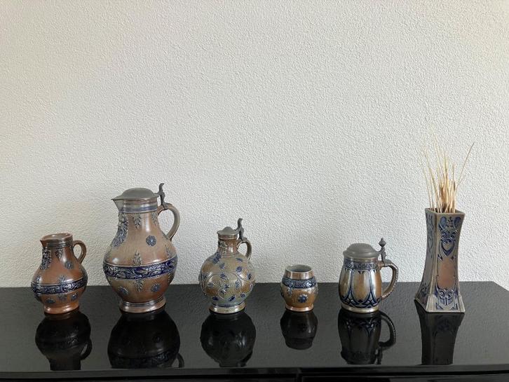 Baardmankruiken + Jugendtil-stukken tinnen deksel Otto Blum, Antiek en Kunst, Antiek | Keramiek en Aardewerk, Ophalen