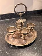 Antieke Engelse verzilverde eierkruikset met 4 eierdopjes, Ophalen of Verzenden