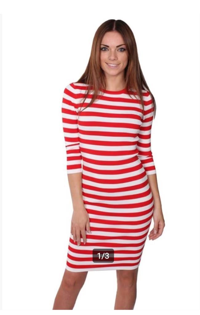 Prachtige Nikkie jurk rood wit gestreept 40, Kleding | Dames, Jurken, Zo goed als nieuw, Maat 38/40 (M), Rood, Knielengte, Verzenden