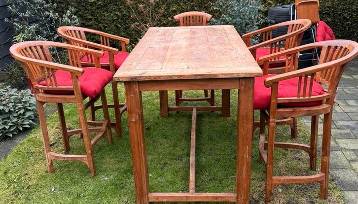 Teak bartafel met 5 krukken, Tuin en Terras, Tuinsets en Loungesets, Teakhout, Ophalen