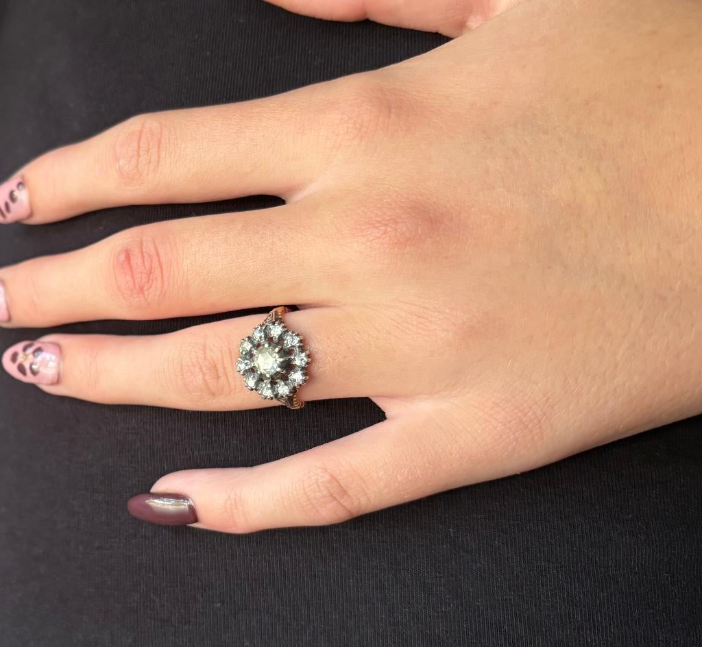 Diamanten antieke 14k gouden entourage rozet ring zilver