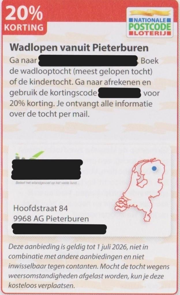 Wadlopen vanuit Pieterburen 20% korting. Postcodeloterij bon, Tickets en Kaartjes, Drie personen of meer, Kortingsbon