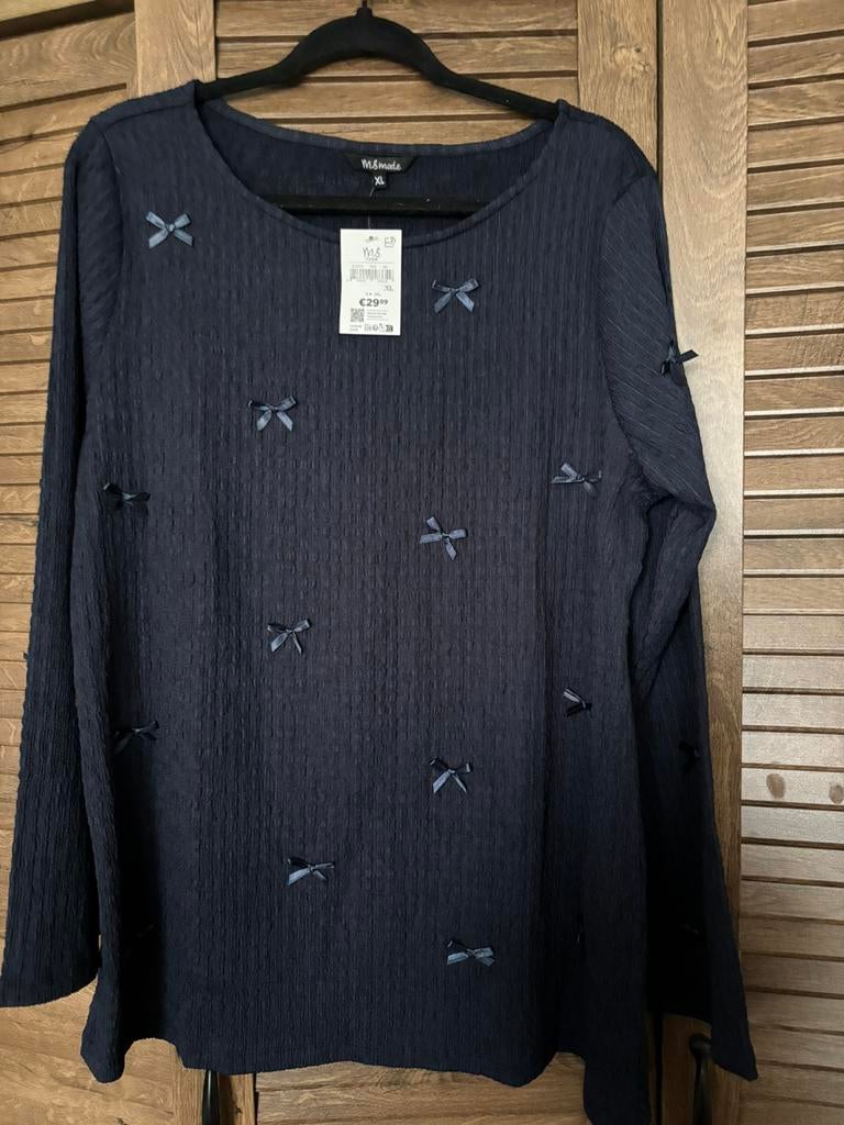 MS blouse/top XL 48 donkerblauw met strikjes, Verzenden, Nieuw, Blauw, Blouse of Tuniek