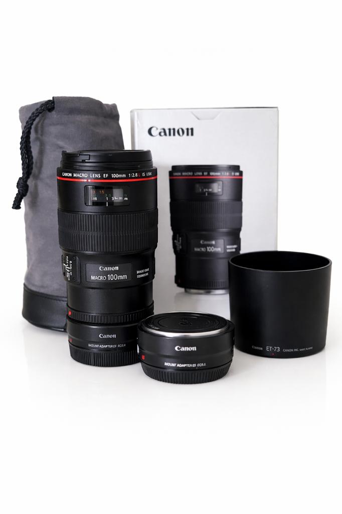 Canon EF 100mm f/2.8L Macro IS USM + Adapter + ET-73 | Compl, Audio, Tv en Foto, Fotografie | Lenzen en Objectieven, Zo goed als nieuw