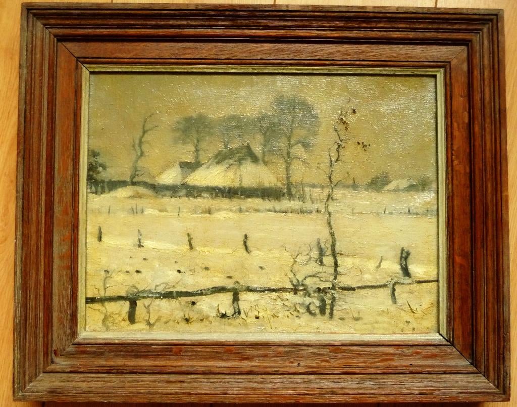 Mooi schilderij van Riekele Prins: Boerderijen bij Emmen, Ophalen of Verzenden