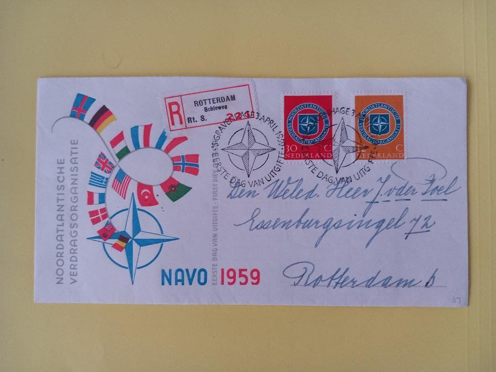 1959 NAVO FDC E37 bovenzijde open e3, Postzegels en Munten, Postzegels | Eerstedagenveloppen, Verzenden, Beschreven, Nederland