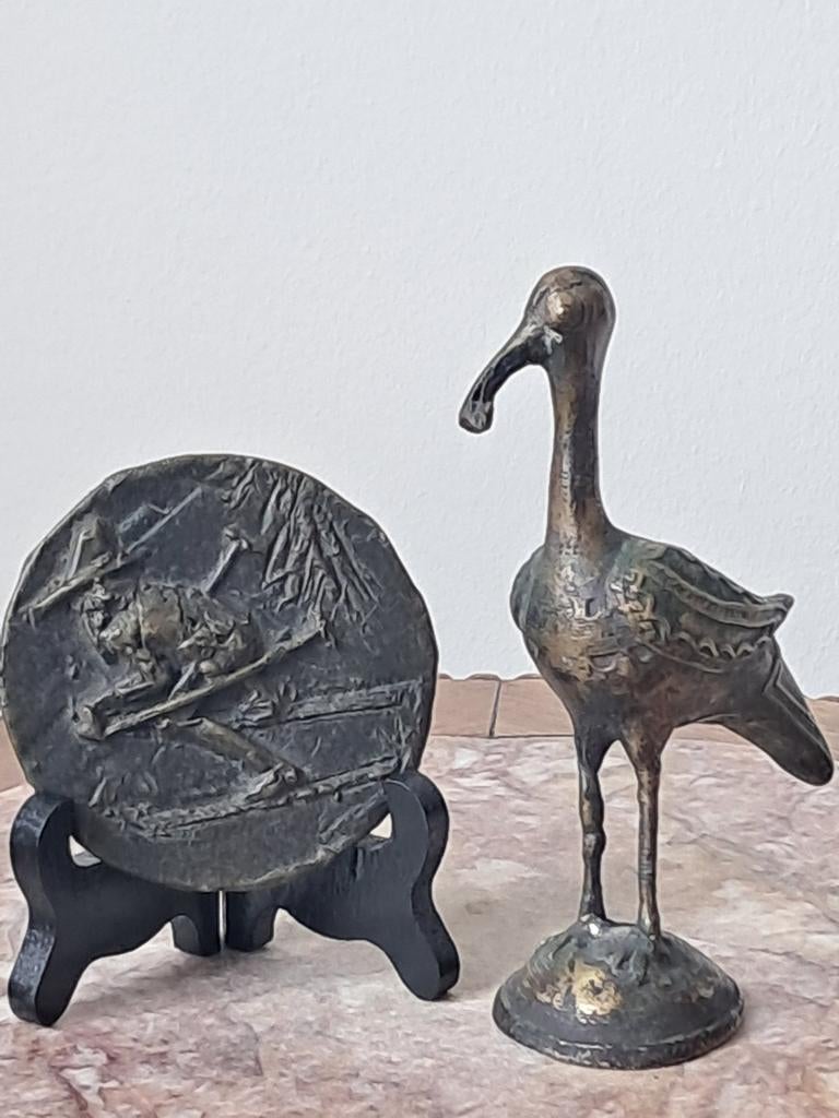 Bronzen plaquette en bronzen vogel, Ophalen of Verzenden