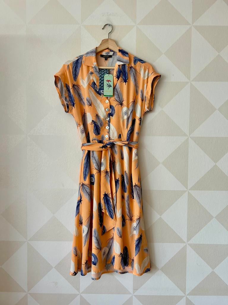 King Louie Darcy Dress jurk oranje blauw XS/34 NIEUW, Nieuw, Oranje, Ophalen of Verzenden, Knielengte