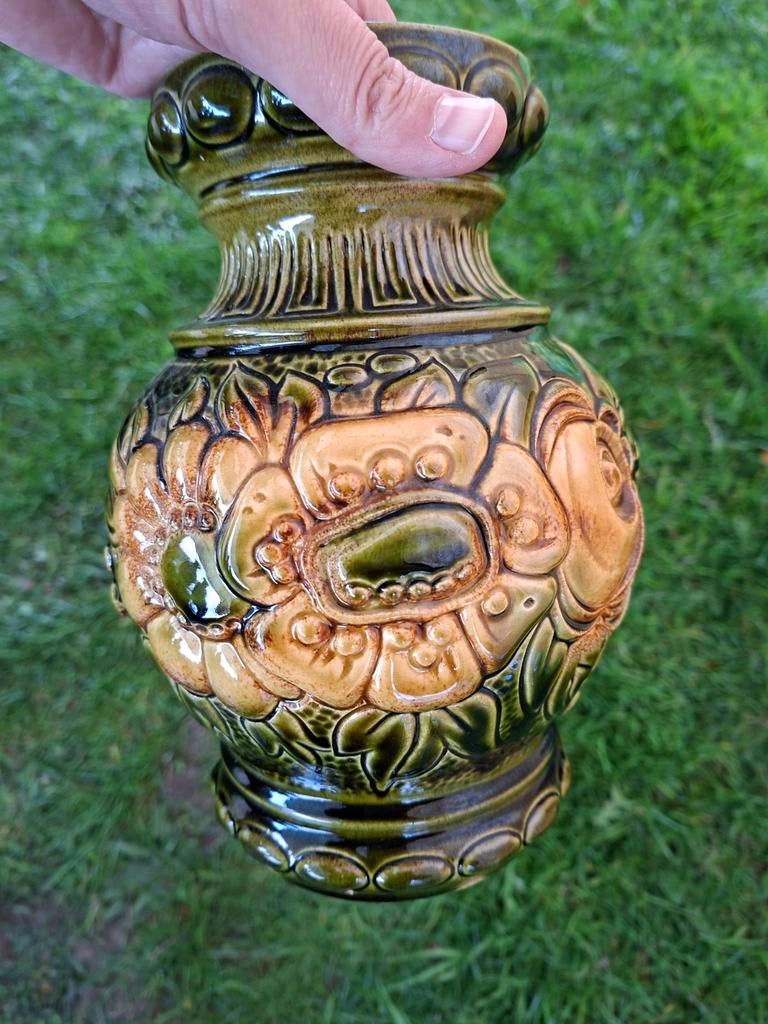 Vintage West-Germany keramieke vaas met bloemmotief, Ophalen of Verzenden
