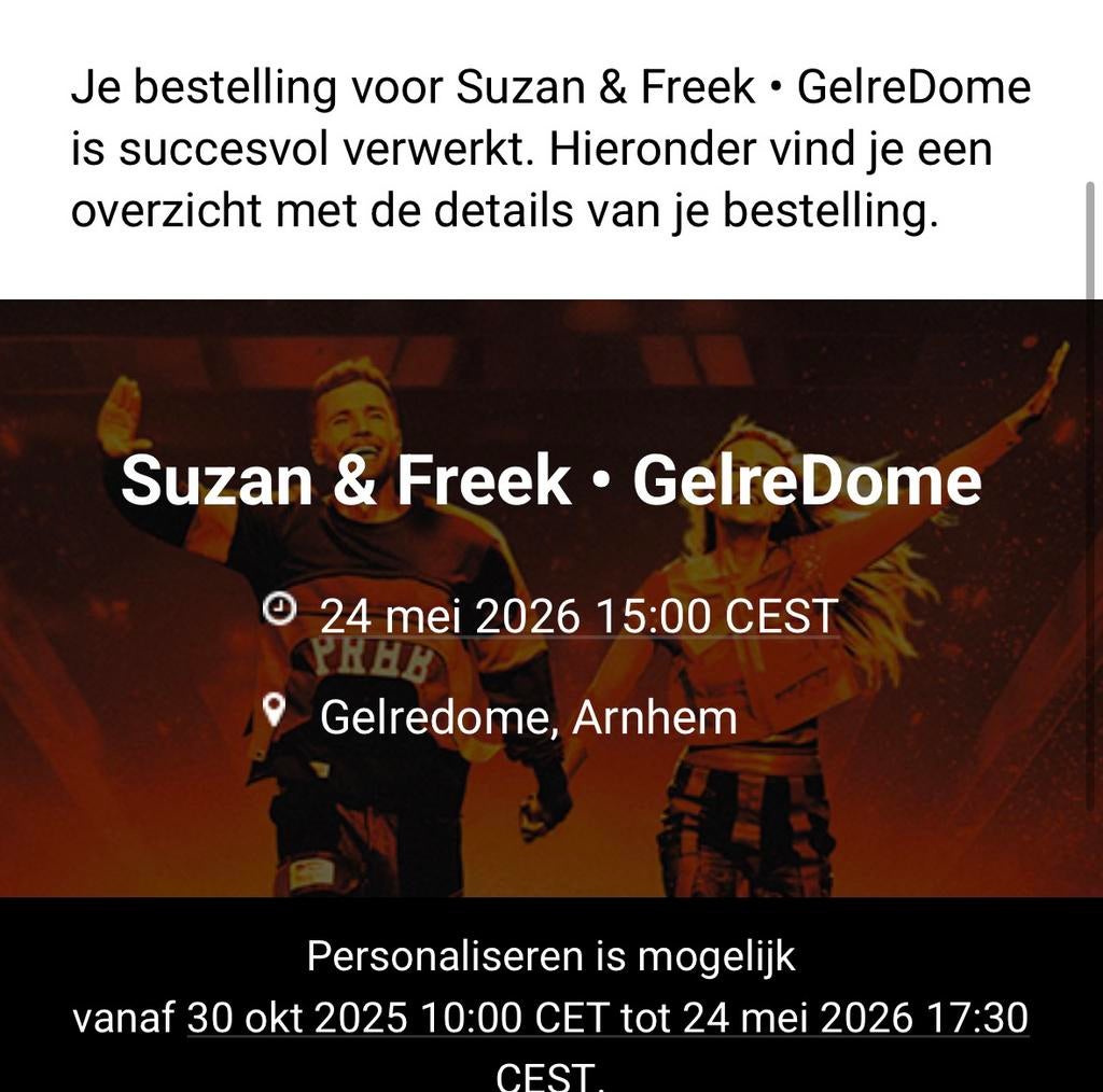 2 staanplaatsen Suzan & Freek Gelredome 24 mei 15:00, Twee personen