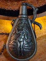 Zeldzame Oude Tinnen Kruitfles met Zeus & Diana Decor, Antiek en Kunst, Ophalen of Verzenden