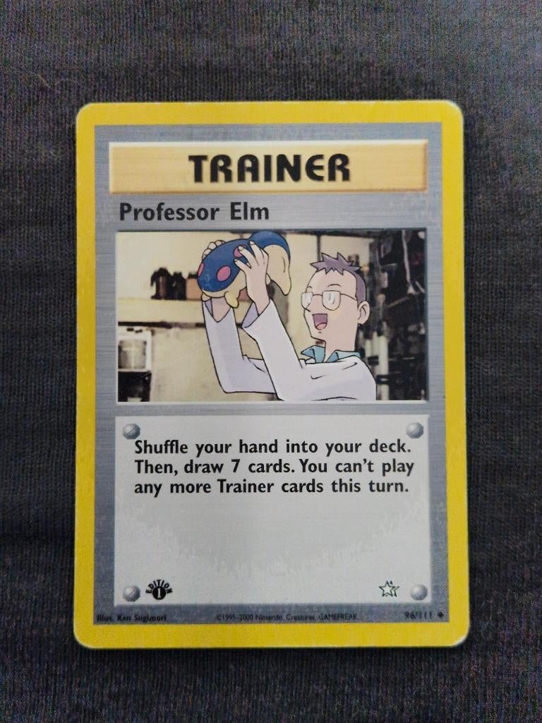 Vintage Pokémon #96/111 Professor Elm – 1st Edition – LP, Ophalen of Verzenden, Gebruikt, Losse kaart