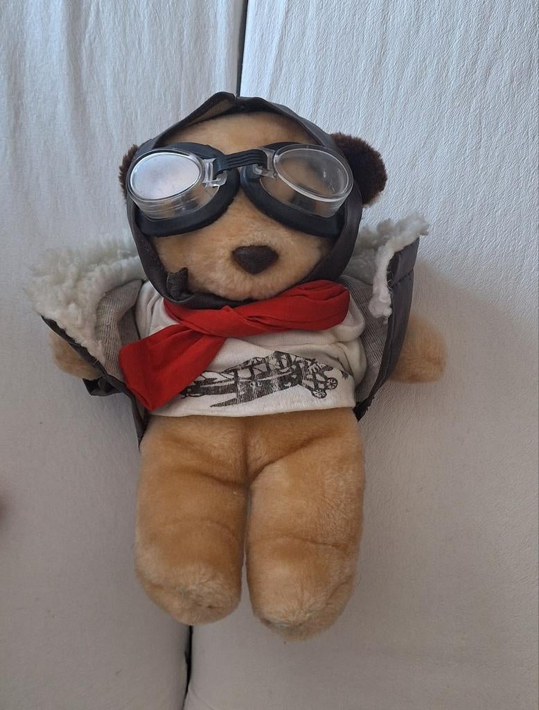 Vintage Pilotenbeer Knuffel met Bril en Sjaal, Gebruikt, Beer, Ophalen of Verzenden, Middelgroot (20 tot 80 cm)