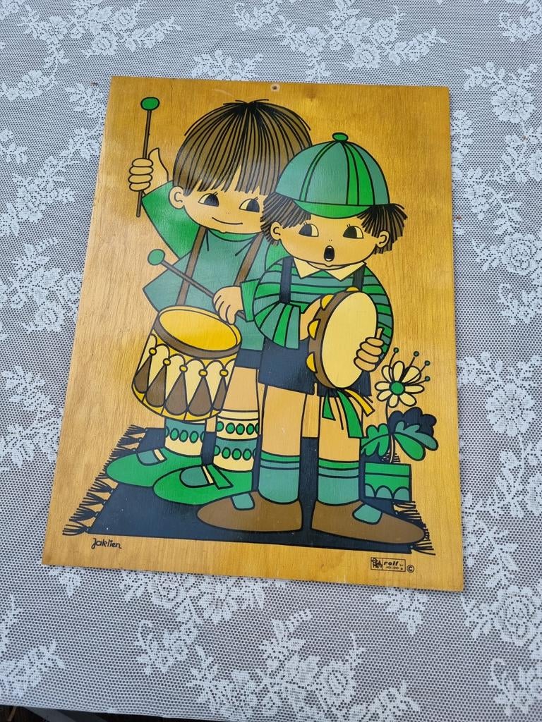 70's Jaklien Moerman print op houten plaat, Ophalen, Wanddecoratie