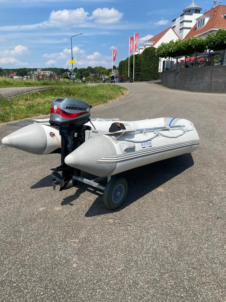 Rubberboot 3m met 6 pk Mariner 2 takt en handkar, Aluminium, Gebruikt, Benzine, Minder dan 70 pk