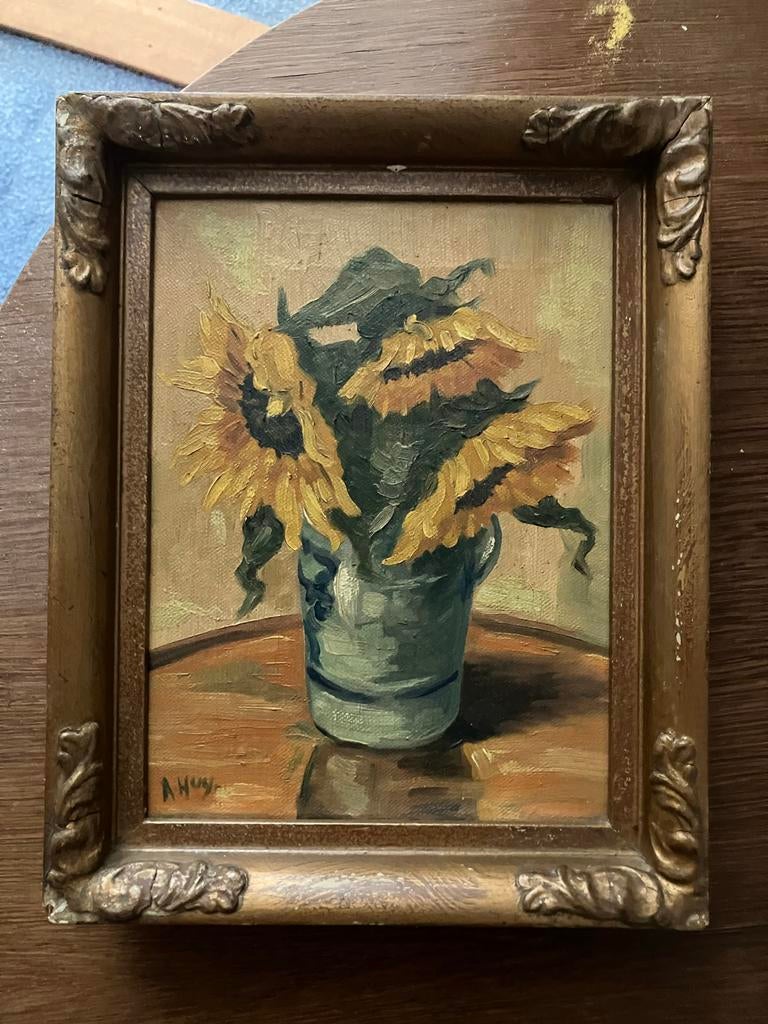 Schilderij op doek: Zonnebloemen in vaas, gesigneerd, Ophalen of Verzenden