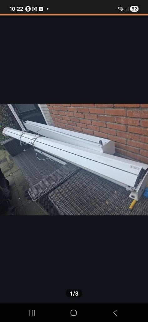 Zonnescherm elektrisch 3.60m breed rood/wit-crème, Ophalen, Gebruikt, Elektrisch, 150 tot 300 cm