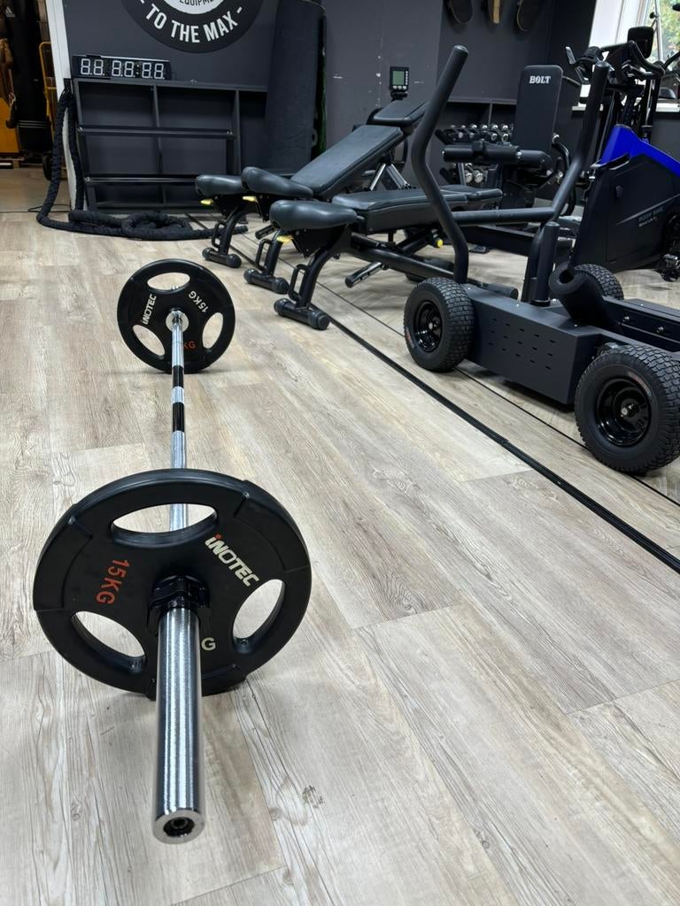 Set met Inotec multi grip plates, barbell, collars en nekpad, Ophalen of Verzenden, ., Info@fitnesstradingtothemax.nl, .
