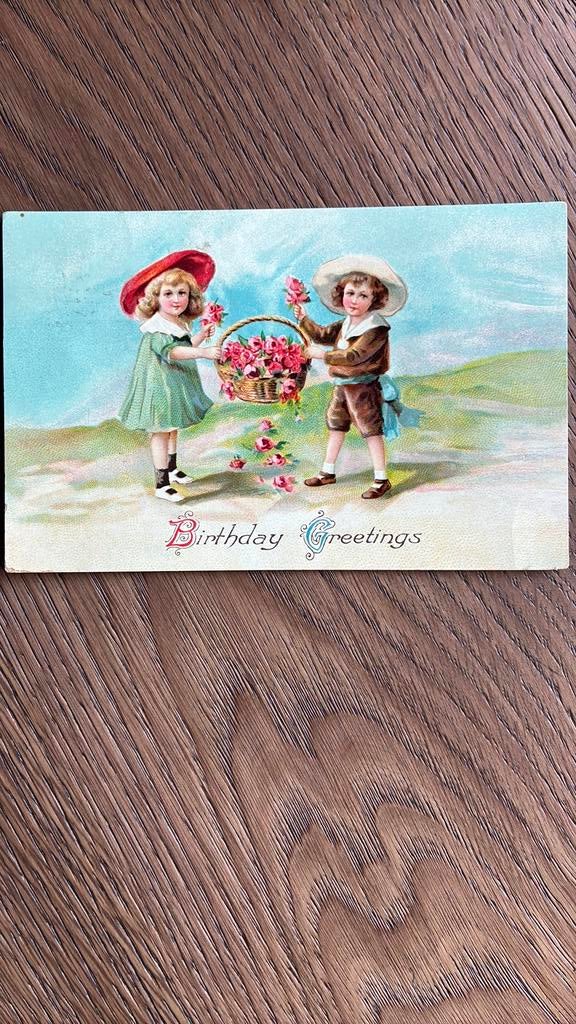 Verjaarsgroeten. Kinderen met mand bloemen.1913:, Verzamelen, Ophalen of Verzenden, Voor 1920, Kinderen
